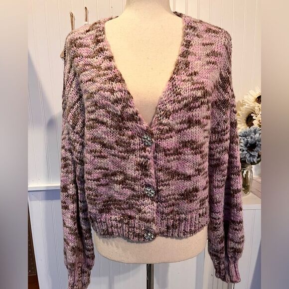 Bogo 🌟Wild Fable Cropped Purple Knit Button-Up with Crystal Buttons Size L - Picture 4 of 8